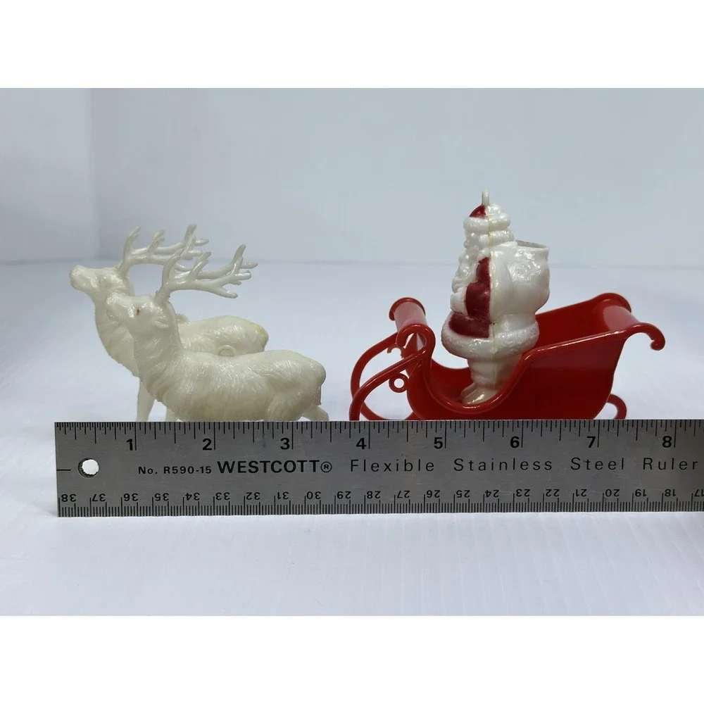 Vintage Plastic Standing Santa Claus Sleigh Pulled by Two White Reindeer